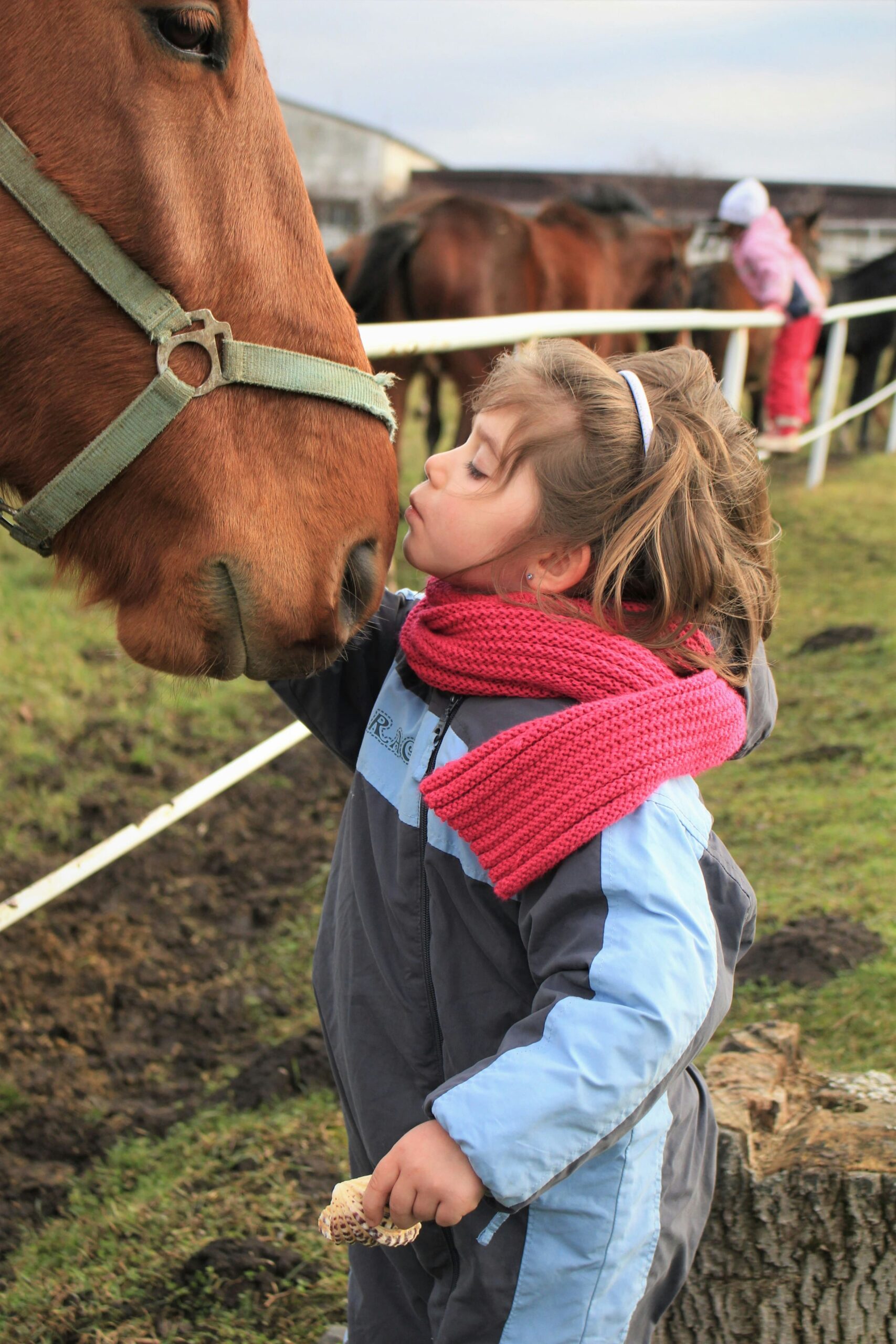A young girl wearing a black & blue jacket with a pink