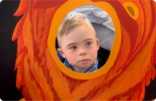 Young boy looking through a lion-themed cutout board, with his face framed by the orange and red mane design.